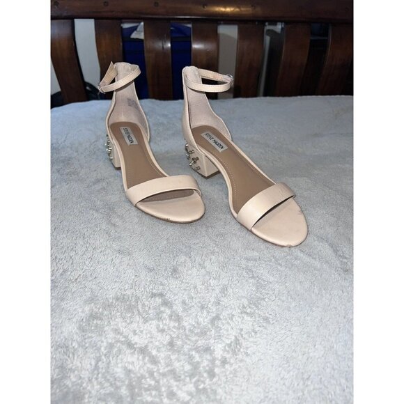 STEVE MADDEN Indie Blush Leather Open Toe Ankle Jeweled Heel Strap Shoes - Picture 4 of 13